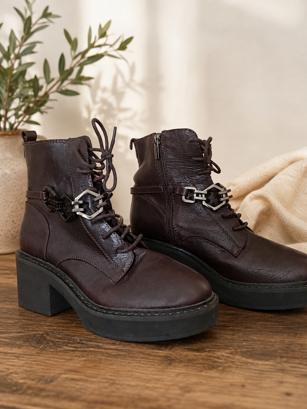 Vince Camuto Dark Brown Lace-Up Leather Ankle Boots with Chain Accent